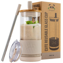 Pandaloo® Glass Cups With Lids and Straws 20 Fl Oz Perfect Size Iced Coffee Cup  Smoothie Cup With Bamboo Lid and On the go Lid (Creamy Mushroom, 1 Count (Pack of 1)