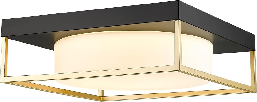 12 Inch Square LED Flush Mount Ceiling Light, 24W Dimmable, Matte Black Gold Metal Frame, Frosted Glass Shade, Ultra-Thin Ceiling Light Fixture for Bedroom Kitchen Hallway Office Laundry Room