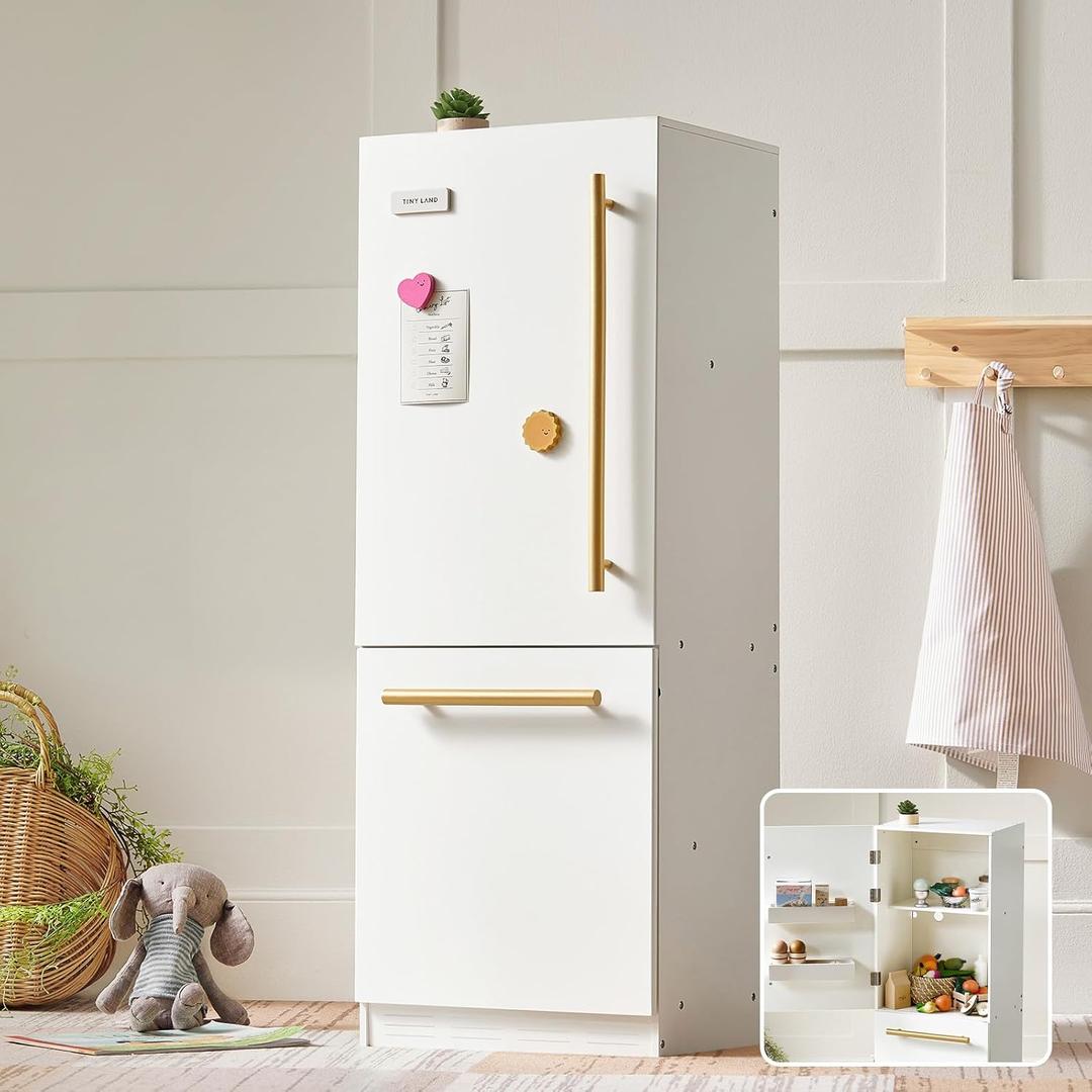Tiny Land Wooden Toy Fridge with Spacious Storage, Realistic Play Kitchen Refrigerator for Kids Pretend Play with Three Freezer Magnets