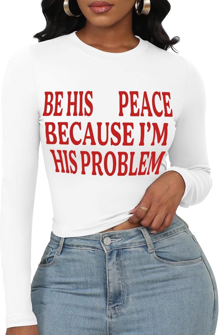 LovelyWholesale Women Graphic Long Sleeve Shirts Cute Going Out Fitted Crop Tops White R BE X(White, XL)