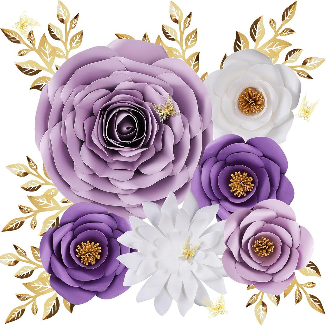 Purple Roses Paper Flowers Decorations for Wall, Giant Floral Wall Decor for Baby Shower, Classroom, Nursery, Birthday, Fairy Garden Party Backdrop Decorations