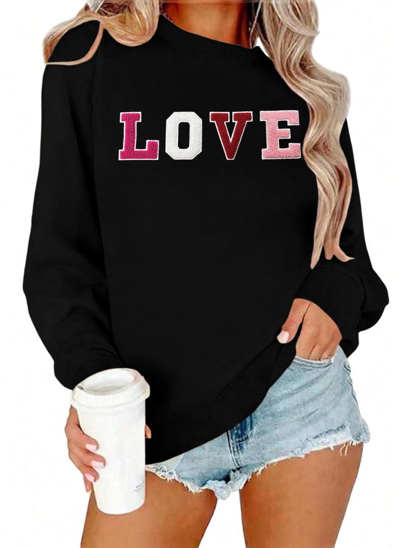 Valentine Sweatshirts for Women Heart Embroidery Sweatshirt Valentines Day Shirts Casual Valentine Pullover Tops (Black, M)