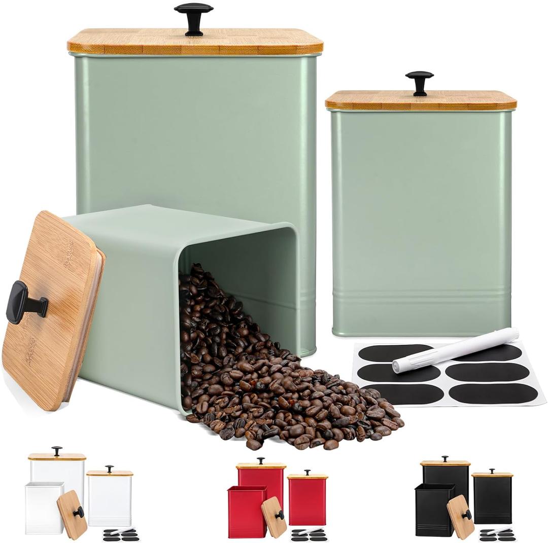 Kitchen Canisters Set of 3, Metal Flour Sugar Storage Containers with Airtight Lids-Canisters Sets for Kitchen with Customizable Chalkboard Labels & Marker Pen-Spice, Coffee Storage Jars(Saga Green)