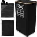 Laundry Basket with Wheels and Handle - 100L Bamboo-Fabric Laundry Hamper with Lid, Front Mesh Pocket, Travel Bag, Sturdy Wheels, Black