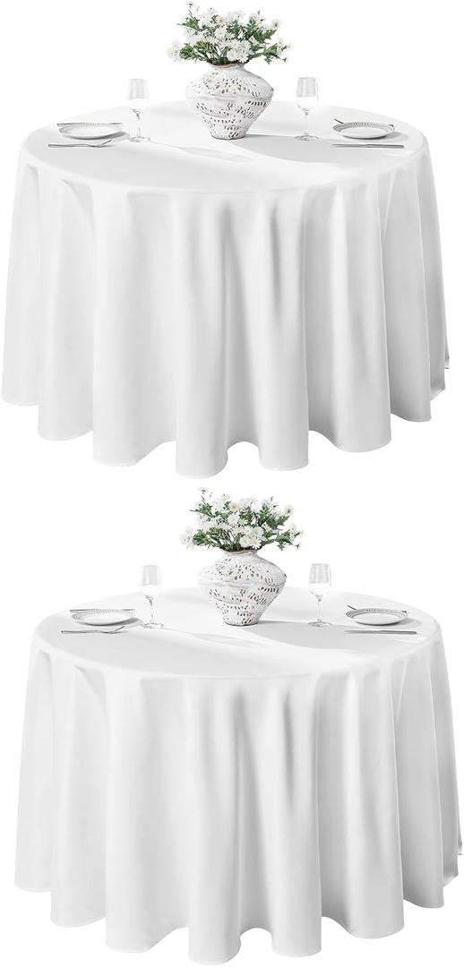 VidaFete 2 Pack 120inch Round Tablecloth Polyester Table Cloth, Stain Resistant and Wrinkle Polyester Dining Table Cover for Kitchen Dinning Party Wedding Round Tabletop Buffet Decoration (White)