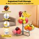 3 Tier Fruit Basket Bowl with 2 Banana Hooks, Solid Metal Standing Vegetable Storage for Kitchen Counter, Large Capacity Organizer for Bread Snack Produce (Black)