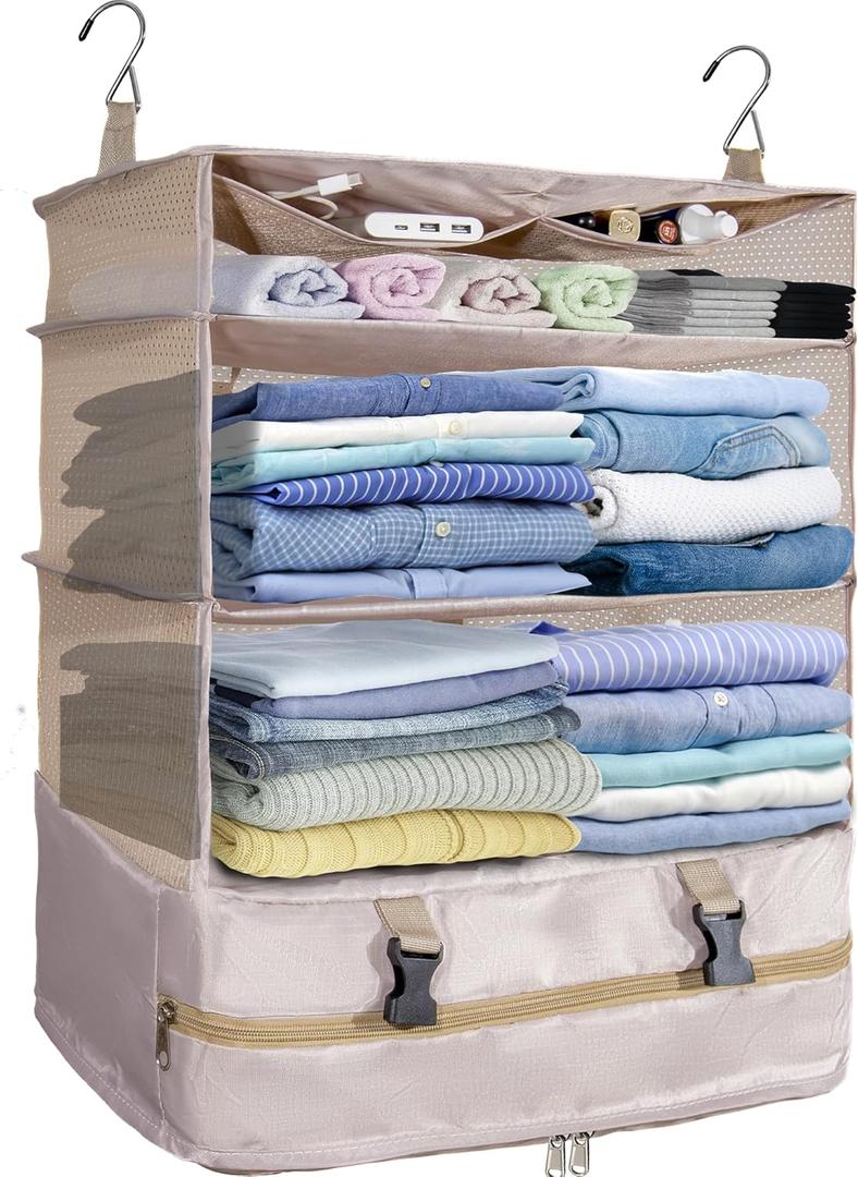 Protable Hanging Travel Shelf Bag, Expandable Packing Cube, Luggage Packing Organizer,X-Large Carry-On Closet with 4-Shelf & 2 Hooks, Suitcase Organizer Bag for Hotel, Bedroom, RV (Beige)