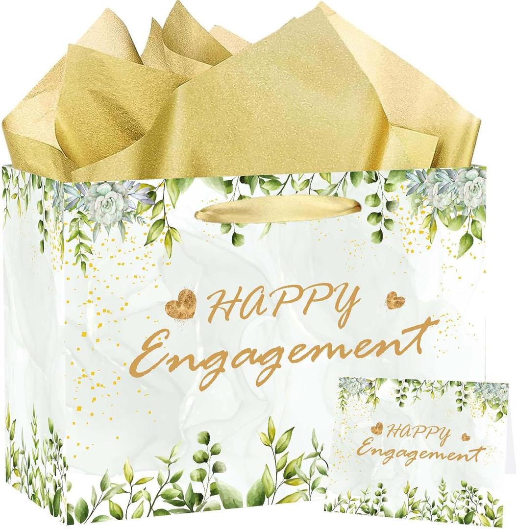 SUNDECO Sage Green Engagement Gift Bags - Large Wedding Favor Bags with Tissue Paper and Card, Bridal Shower Party Decorations, Engagement Party Supplies for Women