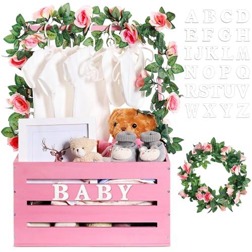 Barydat Wooden Baby Shower Crate Closet, Baby Basket with Handle and Garland Storage Crate Hamper Baby Shower Wooden Gift Crate Letters Self Adhesive for Pregnancy New Parent (Pink)