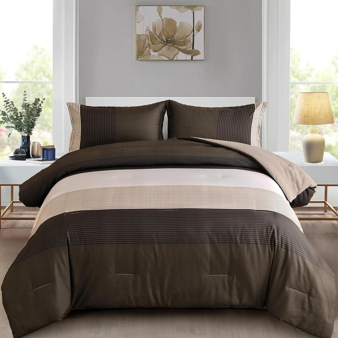Brown Comforter Set Queen, Reversible Brown Striped Down Alternative Comforter for Queen Bed,3 Pieces (1 Comforter+2 Pillowcases), Soft Microfiber Bedding Duvet Set 90"×90"
