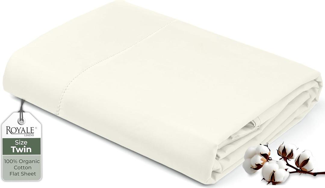 Royale Linens 100% Organic Cotton Twin Flat Sheet Only - Super Soft - Percale Top Sheets - Twin Flat Sheet Sold Separately - Breathable, Cool & Crisp Ivory Sheets Only (66" x 96", Ivory)