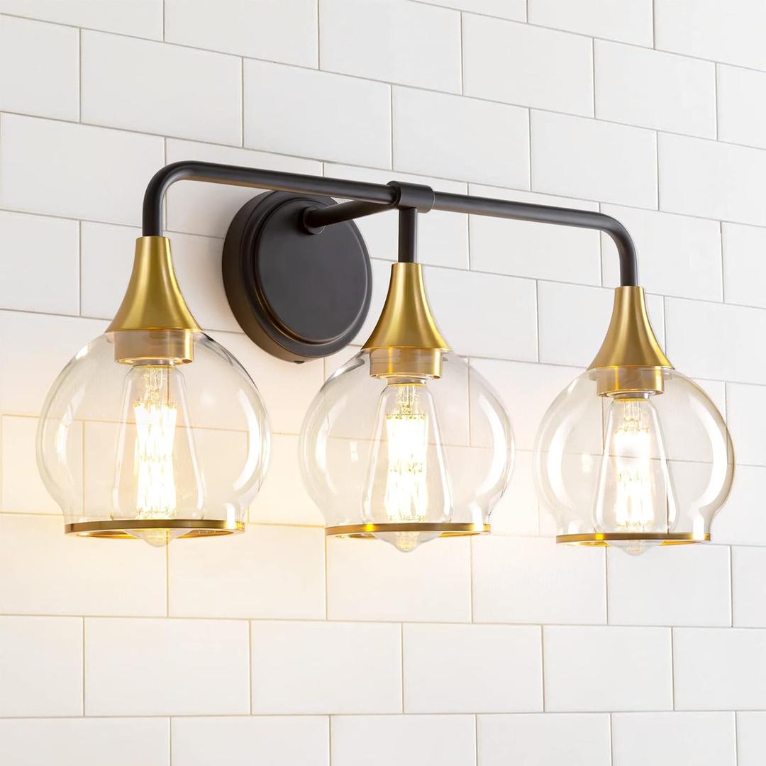 Black and Gold Bathroom Vanity Light 3-Lights Bathroom Light Fixtures Over Mirror with Clear Glass Shade 22.4 inch Wall Sconce Lighting Bath(Exclude E26 Bulb)