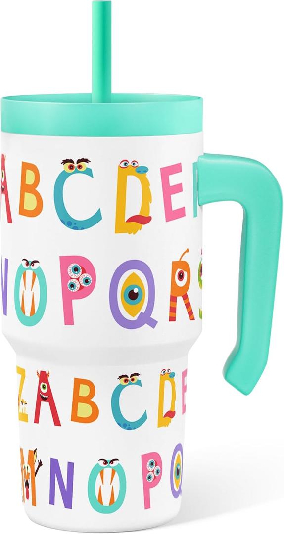 Alphabet Tumbler 20oz with Handle and Silicone Straw Lid for Kid, Insulated Stainless Steel Cup with Monster Design, Gift for Kids Girls Boys, Gifts Idea for Birthday Christmas Back to School