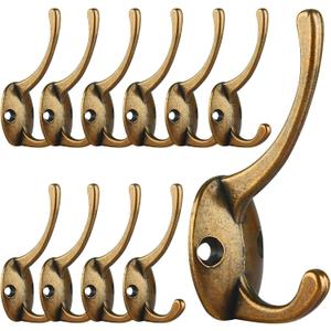 IBosins 12 Pack Antique Brass Coat Hooks Wall Mounted with 24 Screws Retro Double Hooks Utility Antique Brass Hooks for Coat, Scarf, Bag, Towel, Key, Cap, Cup, Hat