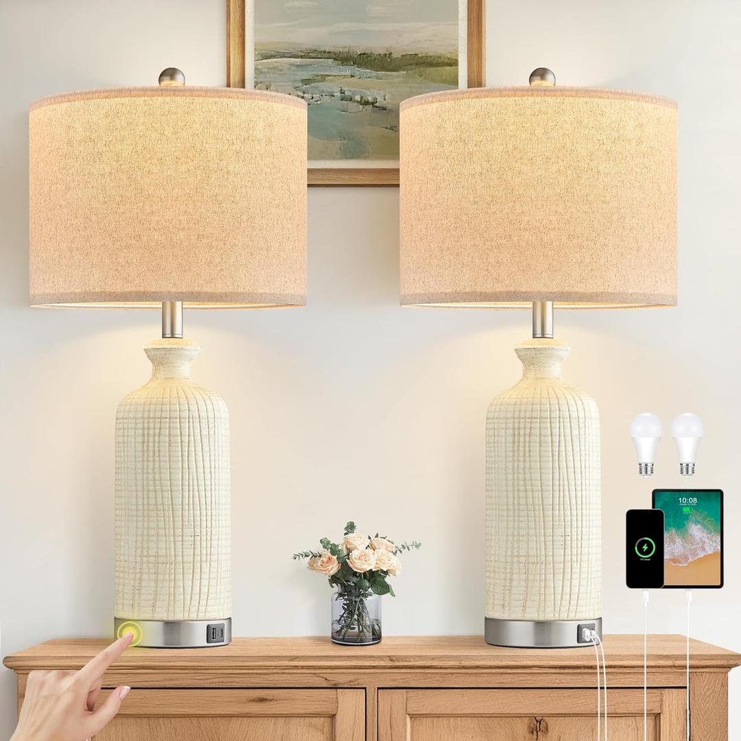 Living Room Lamps Set of 2, 27" Touch Lamps for Nightstand with USB A+C Ports, Modern Farmhouse Table Lamps for Bedroom, Beige