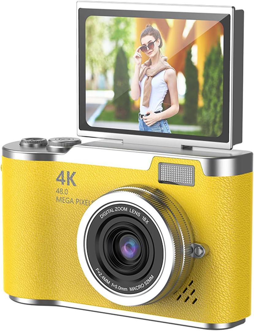Digital Camera, 1080P HD 48MP Digital Point & Shoot Camera with 2.4 Inch HD Flip Screen, Built in LED Fill Light, 8X Digital Zoom, for Teens Students (Yellow)