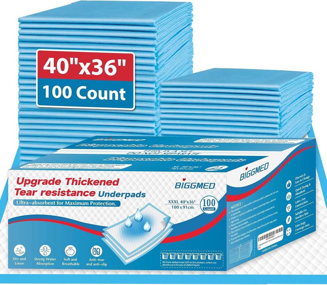 BIGGMED 100 Count Incontinence Bed Pads 40'' x 36'' Tear-Resistant Disposable Underpads Heavy Duty Chucks Pads for Adults, Kids & Elderly | Protection Pads for Bed, Sofa, and Chair