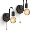 Vintage Pull Chain Wall Lights Set of Two, with Switch Black Wall Sconce E26 Industrial Wall Lamp Retro Wall Lighting Hard Wired Sconces Lighting for Mirror Bedroom Living Room Hallway