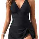 Tempt Me Women One Piece Swimdress Swimsuits - Tummy Control Skirted Swim Dress Bathing Suit with Skirt V Neck Tie Knot, Size Large, Black)