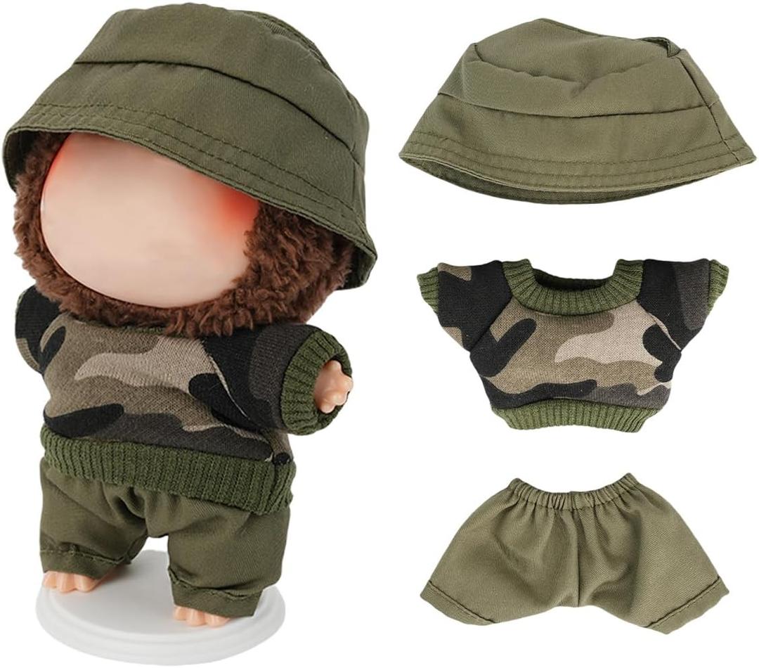 17cm Doll Clothes Set(No Doll), Trendy Camouflage Clothes Set with Hat, Dress up Accessories Kit, Come with 2 Pcs Auxiliary Standing Bracket for 17cm Dolls