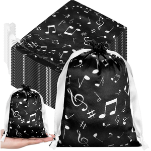 Wesnoy 24 Pcs Music Notes Gift Bags Musical Note Drawstring Treat Bag Music Decorations Party Favor for Musician Gifts Social Media Musical Party Supplies(5 x 7,White on the Black)