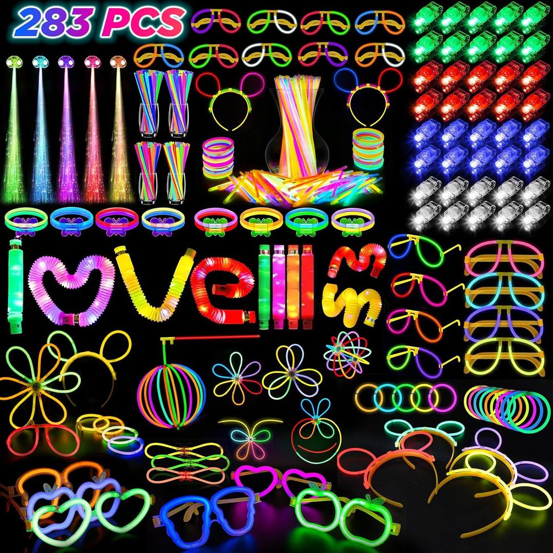 Glow in the Dark Party Favors for Adults Kids, 27 Rave Accessories, 56 LED Light Up Toys Bulk, 100 Glow Sticks Party Pack, Neon Party Supplies & Decorations