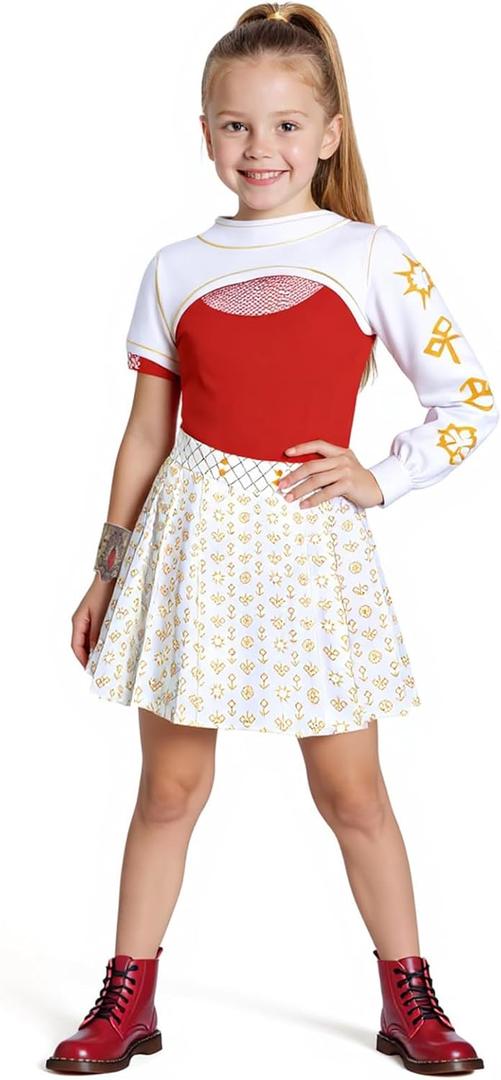 Zombie Girls Costume Kids Character Halloween Cosplay Mesh Top Pants Hooded Coat 3PCS Uniform Outfits (5-6 Years, Red 02)