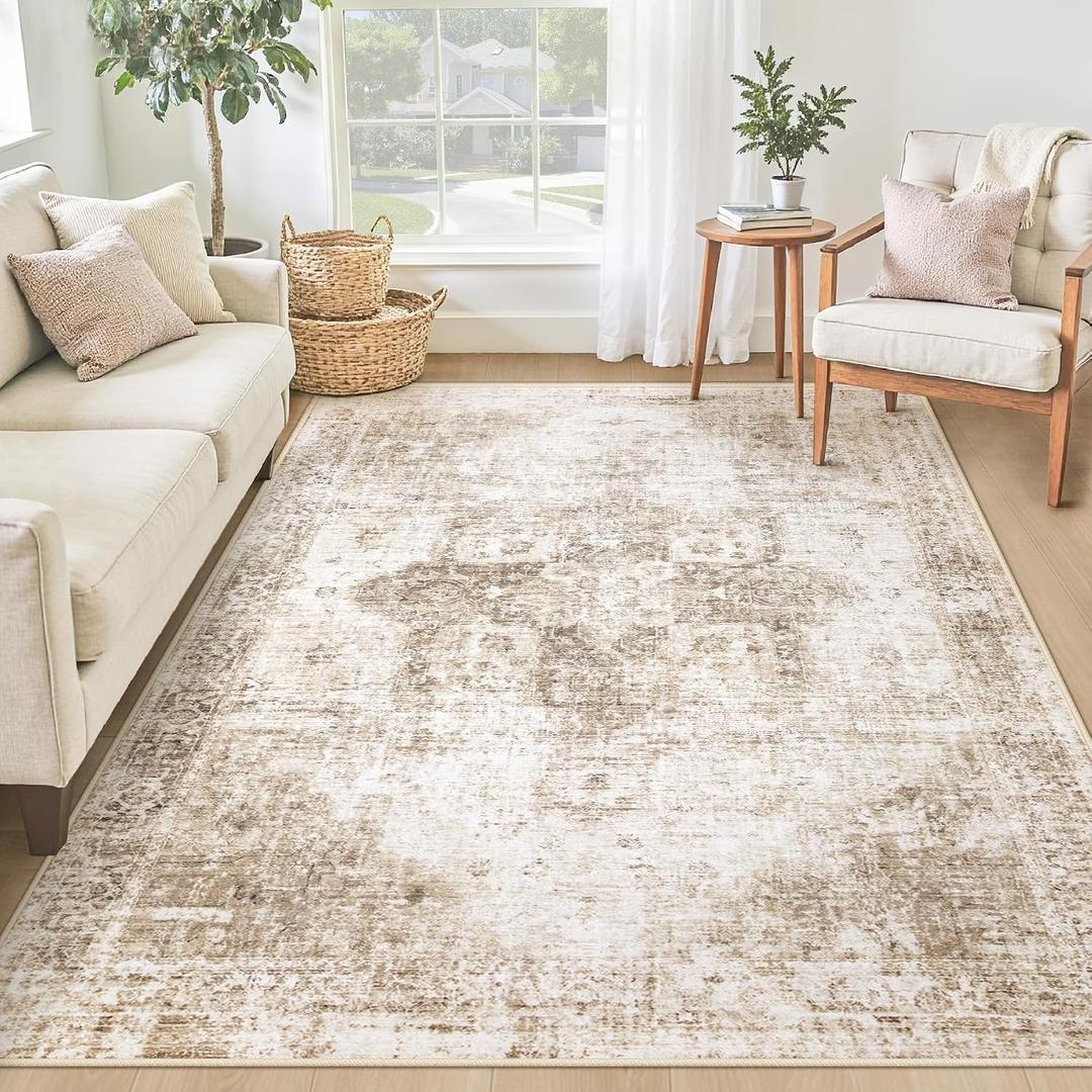 Area Rug 4x6 Washable Rug, Vintage Boho Medallion Rugs Non-Slip Soft Low Pile Distressed Rug Indoor Retro Carpet for Living Room Bedroom Dining Room Home Office (Brown, 4'x6')