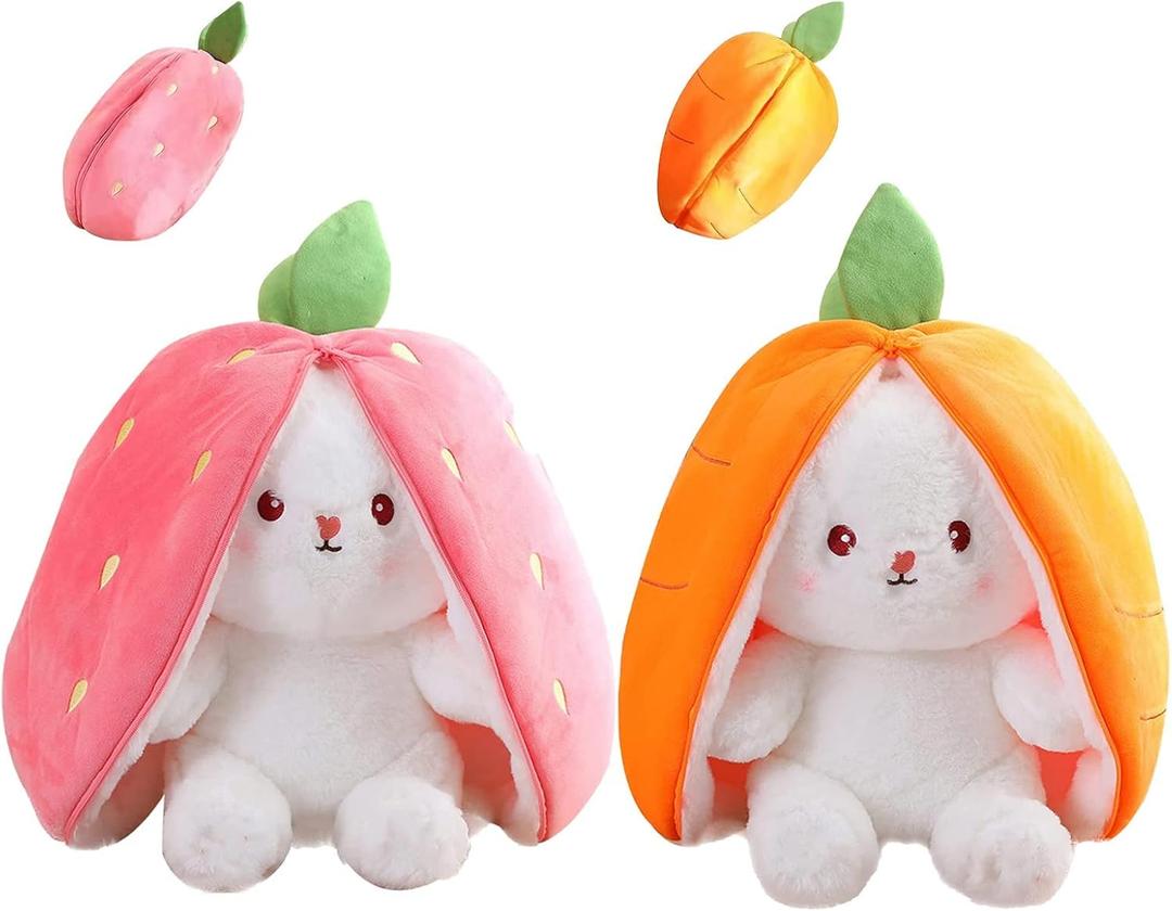 2PCS Plush Toy Pillow, Reversible Carrot Strawberry Bunny Plush with Zipper, Easter Bunny Stuffed Animal Cute Rabbit Plushie Birthday Gift for Boys Girls Kids (2pcs 7" Strawberry&Carrot)