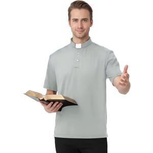 Men's Clergy Tab Collar Polo Shirt Short Sleeve Pastor Minister Preacher Shirt (Gray)