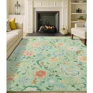 Floral 8x10 Area Rug Machine Washable Soft Print Boho Carpet Non Slip Doormat Low Pile Flower Area Rugs for Living Room Bedroom Nursery Kitchen Dining Room Indoor-Light Green