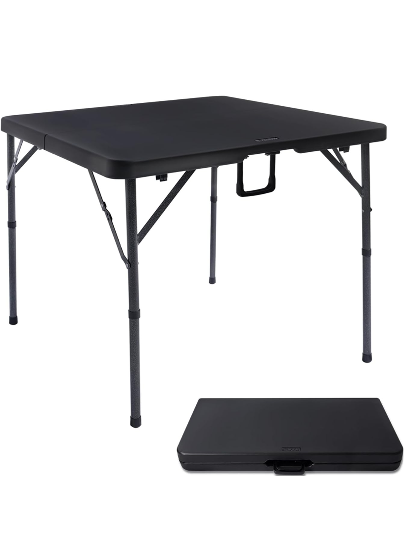 Byliable 34" Square Folding Card Table, Fold-in-Half Utility Dining Portable Table Heavy Duty HDPE White Plastic Foldable with Carrying Handle Indoor Outdoor for Picnic, Camping, Party, Black