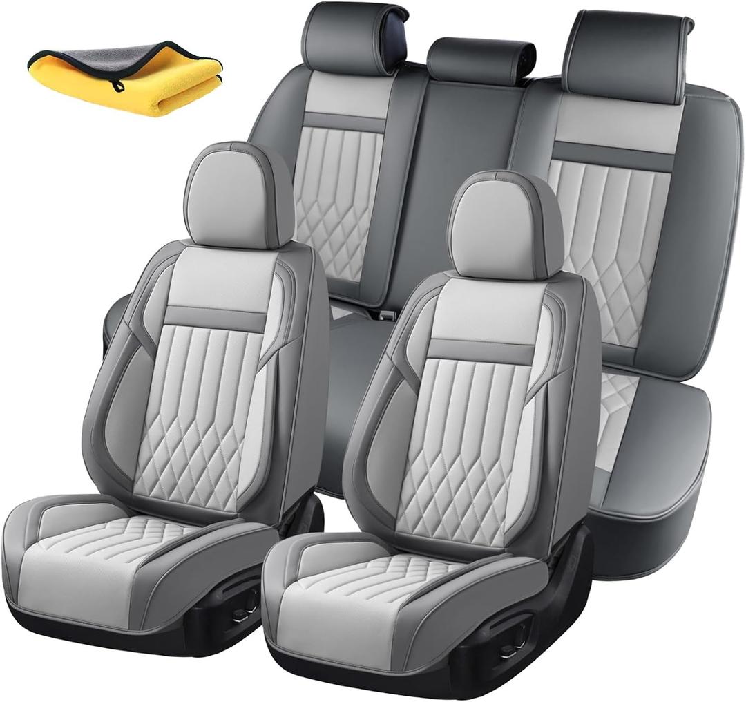 Universal 5-Seater Waterproof Breathable Nappa Leather Car Seat Covers Full Set, Compatible with Toyota Corolla Camry, Lexus LS400, Nissan Rogue, Fit Front Rear Seats Most Sedans SUV- Gray