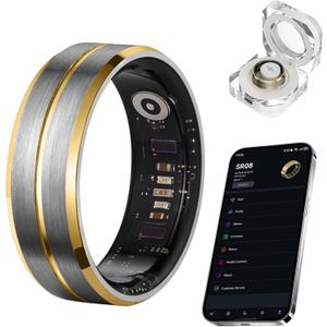 Smart Ring for Women Men, Tungsten Steel Fitness Tracker Ring with Sleep Monitoring, Heart Rate, Step Counting, IP68 Waterproof for iPhone and Android, No Subscription Fee (Black-Gold)