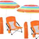 Beach Chair, Low Beach Chairs with Umbrella, Compack Portable Folding Festival Chairs, Chairs with Shade for Adult, with Cup Holder, Carry Bag, Heavy Duty, for Outdoors, BBQ (2-Pack Orange)