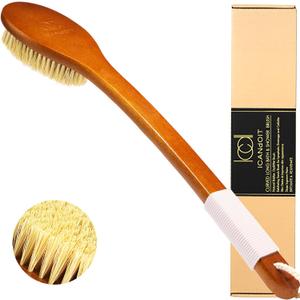ICANdOIT17.71Inch Natural Stiff Sisal Bristles AntiSlip Curved Long Handle Bath Brush,Bent Handle Shower Scrubber for Exfoliating,Shower Back Brush