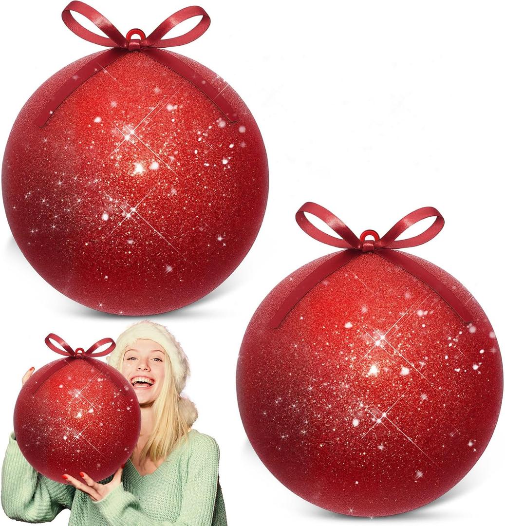 Zubebe 2 Pcs 8" Giant Fillable Christmas Ornaments with Ribbons Oversized Plastic Xmas Balls for Outdoor Lawn Yard Decor, Tree Hanging, Holiday Gifts(Glitter Red)