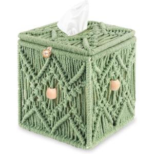 Handmade Tissue Box Cover Decorative Macrame Boho Square Tissue Holder Cotton Rope Woven Napkin Facial Paper Organizer Bohemian Desk Storage Container with Buckle Wood Beads (Light Green)