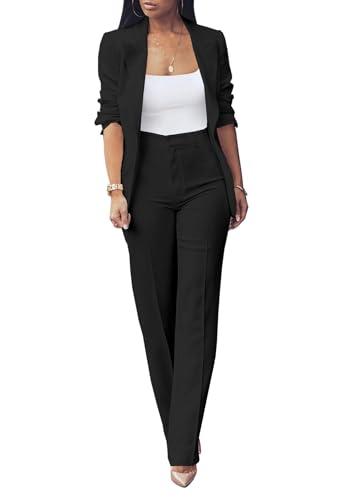 Womens 2 Piece Business Pants Suit Dressy Long Sleeve Button Blazer with Pants Set Casual Office Outfits, Large