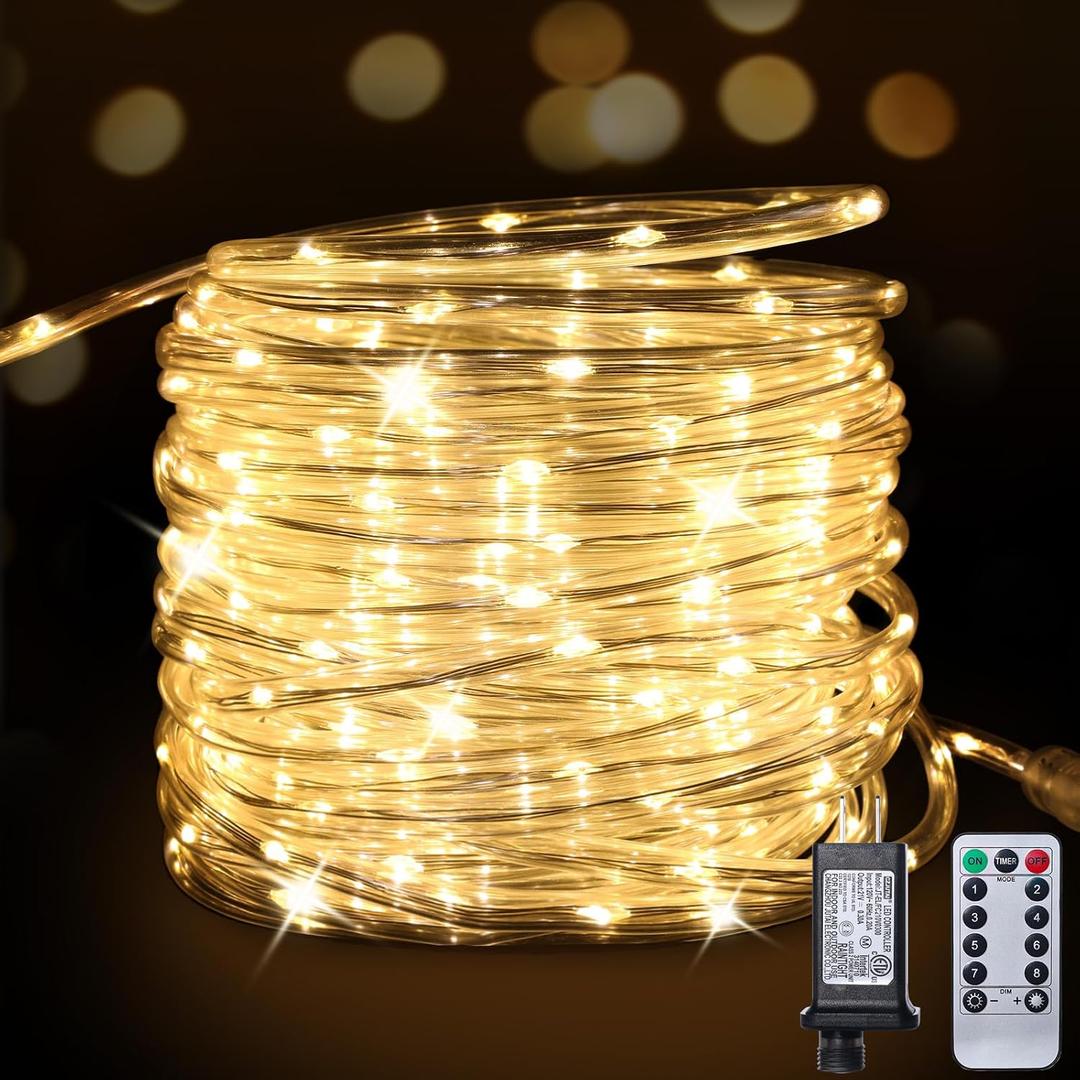 Connectable Rope Lights Plug in,66FT 200 LED Rope Lights for Outside,Waterproof 8 Modes Remote Tube Light for Indoor Outdoor Christmas Wedding Birthday Patio Porch Garden,Warm White
