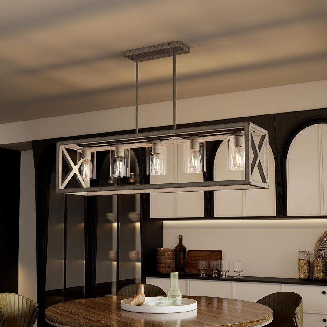 Espird Burlywood Dining Room Light Fixture - 5 Light Rectangle Light Fixtures with Clear Glass Shade & Adjustable Height & Thickened Metal Dining Table Lights Fixture Chandeliers for Dining Room (Burlywood)