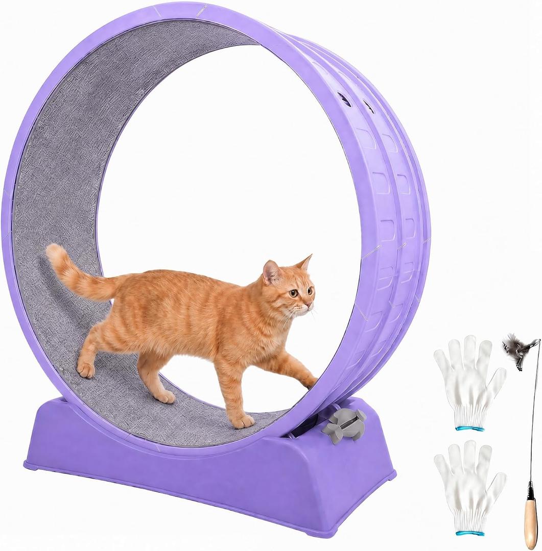 33" Large Cat Wheel with Detachable Carpet & Teaser for Running/Walking/Training, Update Cat Treadmill for Weight Loss, Playing, Fitness & Pent-Up Energy, Cat Exercise Wheel - Purple