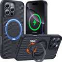 Designed for iPhone 16 Pro Case with 360 Magnetic Stand, Carbon Fiber Phone Case [Compatible with Magsafe] [15FT Military Protection] with Stand Ring 6.3'', Black
