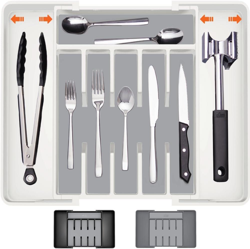 GORILLA GRIP Expandable Rubber Lined Silverware Organizer for Kitchen Drawers, Grip Feet to Stay in Place, Utensil Drawer Tray, Maximize Flatware Storage, BPA-Free Adjustable Cutlery Holder, White (15.3" x 13.5")
