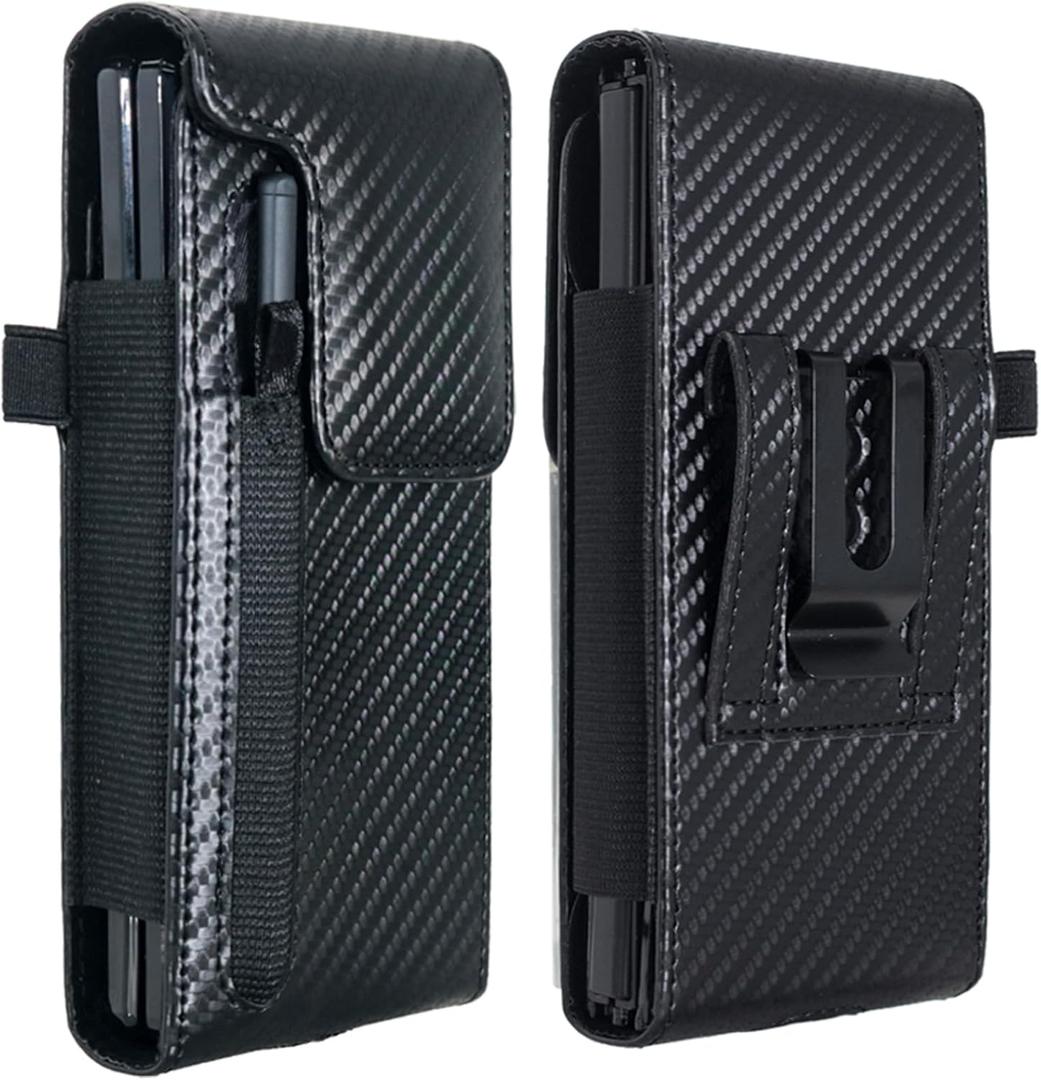 Holster Pouch for Samsung Galaxy Z Fold 7/6/5/4/3 with S Pen Holder & Belt Clip & Card Holder, Luxury Carbon Fiber Leather Holster Case with Belt Loop&Metal Clip&Magnetic Closuer (Vertical)