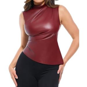 Popilush Leather Bodysuit for Women Going Out Tops Body Shaper Tummy Control Shapewear Mock Neck Tops Leather Corset, Red,  XL