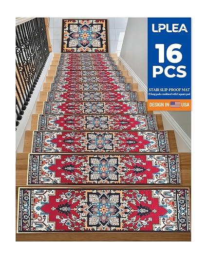 Non-Slip Stair Tread Set for Wood Steps 16PCS - 15PCS 8"X 30" + 1PCS 30"X 30" Washable Stain Resistant Stair Carpet, Indoor Safety Stair Mat for Elderly, Dogs & Pets