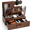 TESLYAR Wood Phone Docking Station with Drawer - Nightstand Organizer - Desk Organizer for Husband - Birthday Gifts for Men, Dad, Anniversary Idea, Key Holder Stand Watch & Accessories (Antique Brown)
