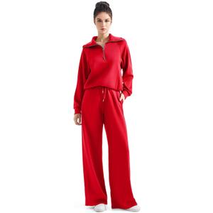 SUUKSESS Women 2 Piece Lounge Matching Set Wide Leg Sweatpant Half Zip Sweatshirt (Small, Red)