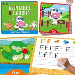 26 PCS Handwriting Drawing Practice Cards, Alphabet Write and Wipe Tracing Flashcards Double-Sided Dry Erase Reusable Painting Coloring Cards Early Learning Montessori Toy for Toddlers, Preschoolers